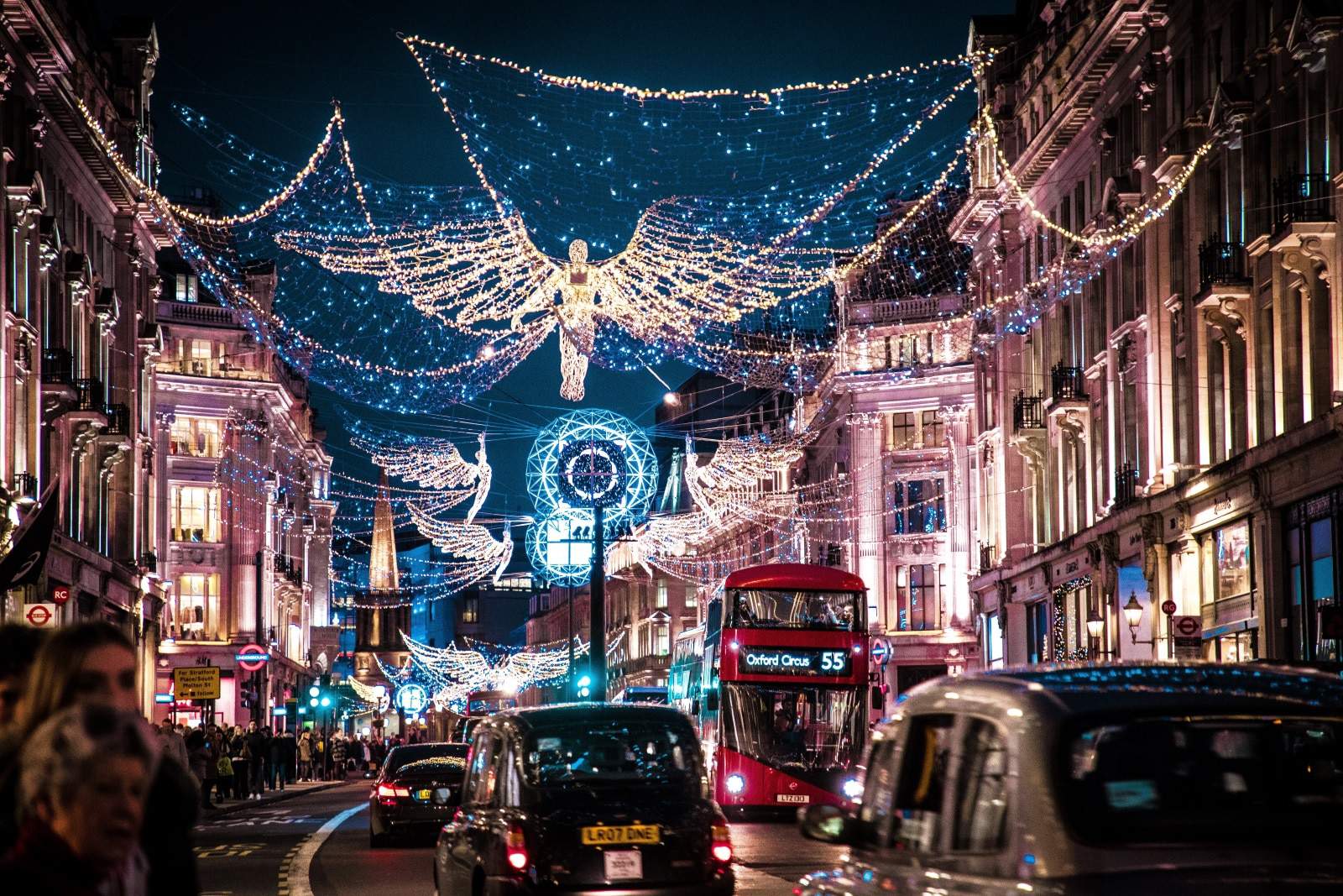 christmas lights and buses, england