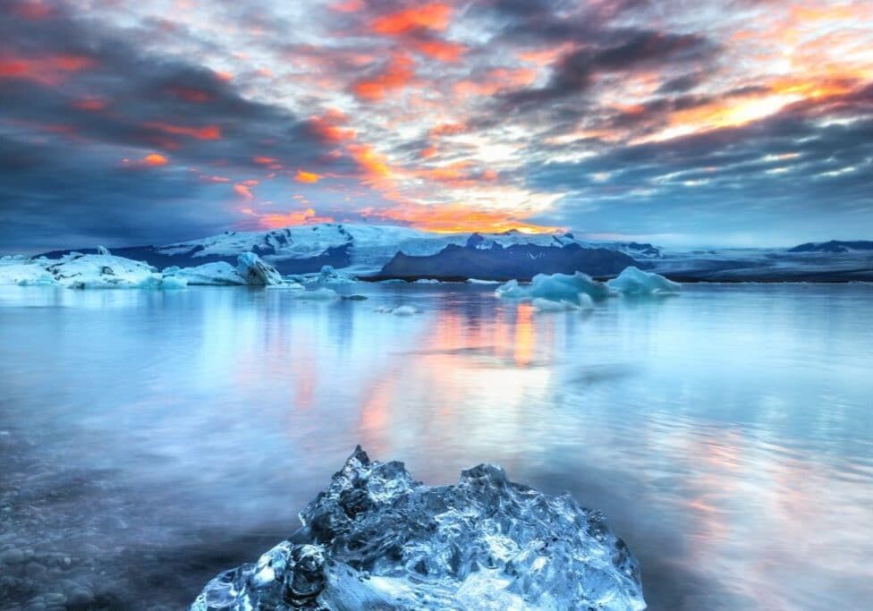 stunning sunset over water and ice