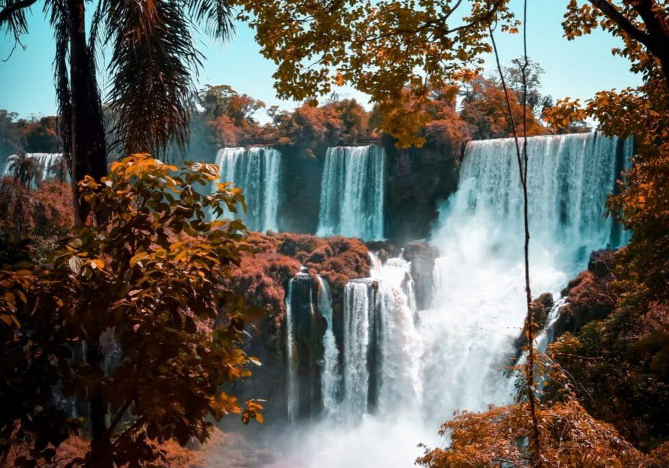 majestic waterfall with reddish trees