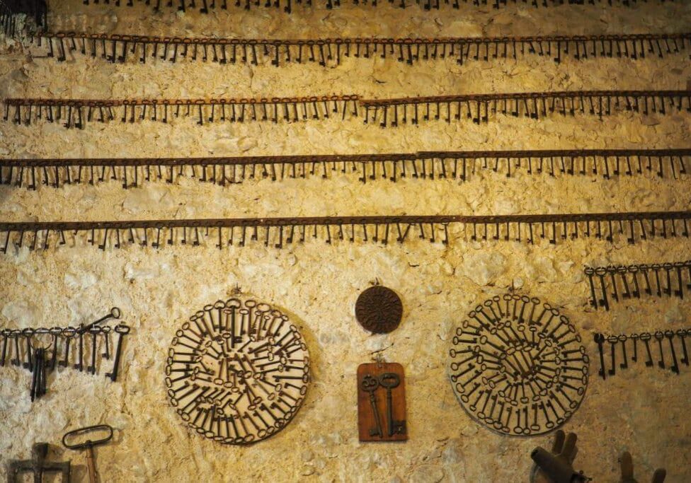 antique keys hanging in old shop in Spain