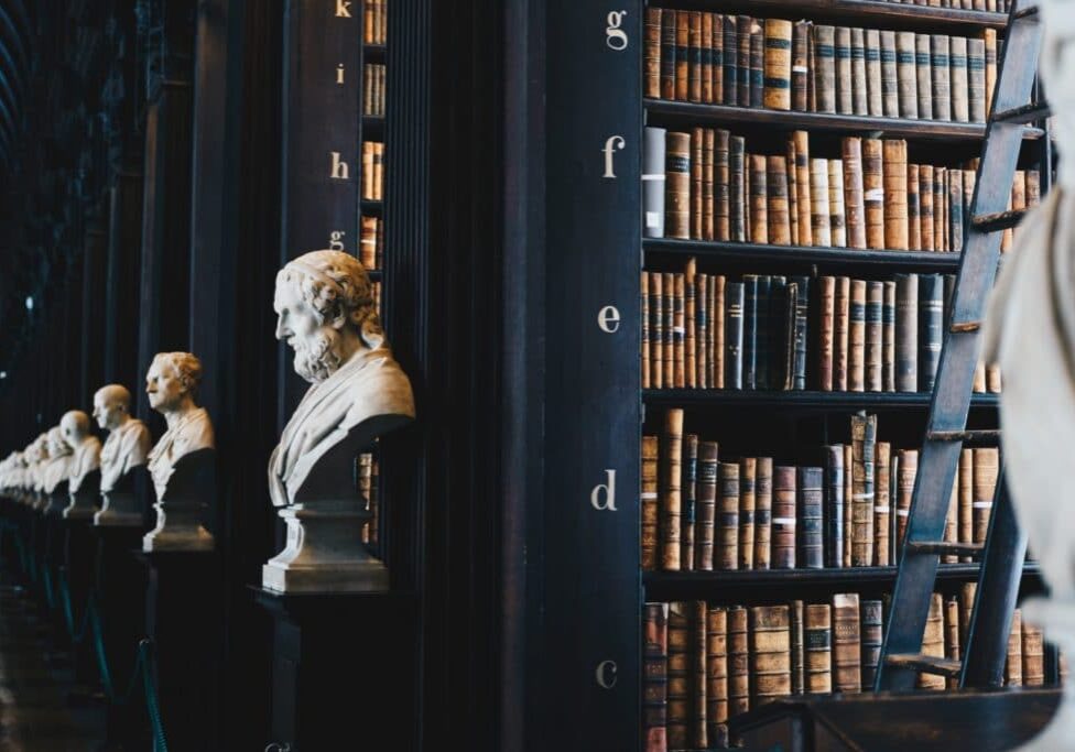 library and historical looking busts