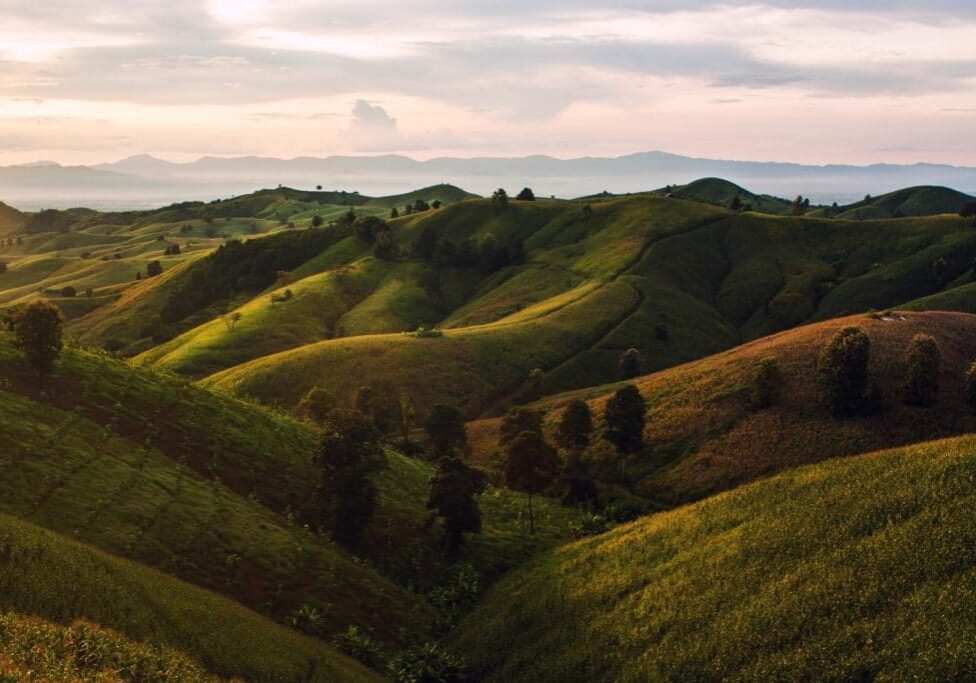 green rolling hills against a colorful sky
