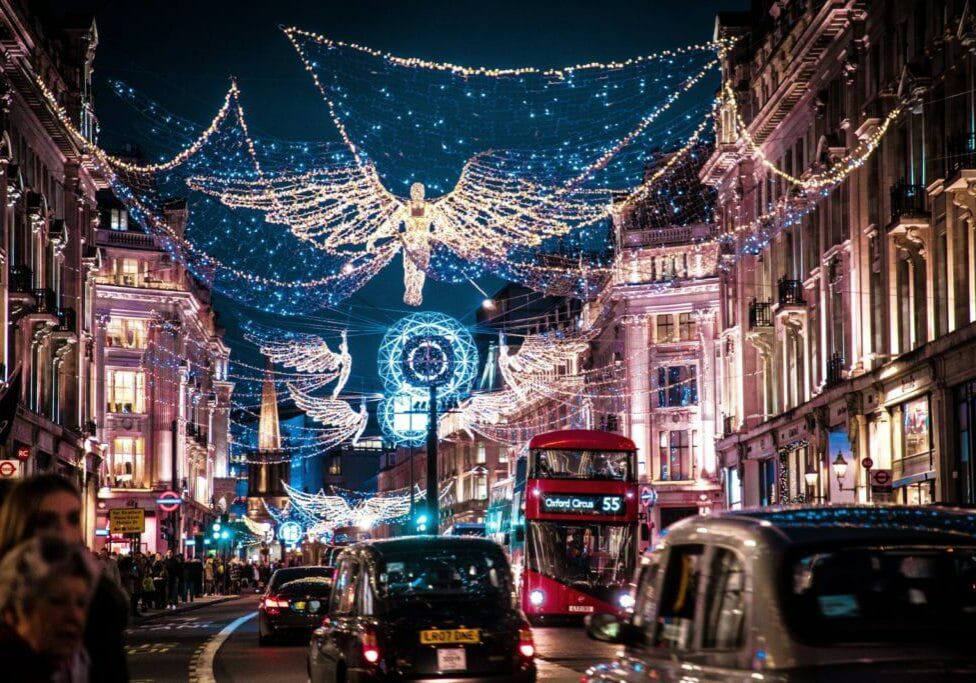christmas lights and buses, england